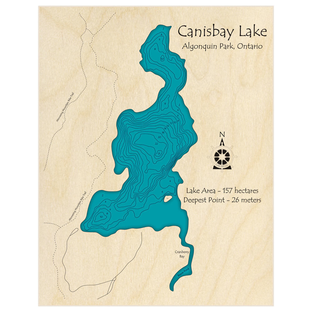 Bathymetric topo map of Canisbay Lake with roads, towns and depths noted in blue water