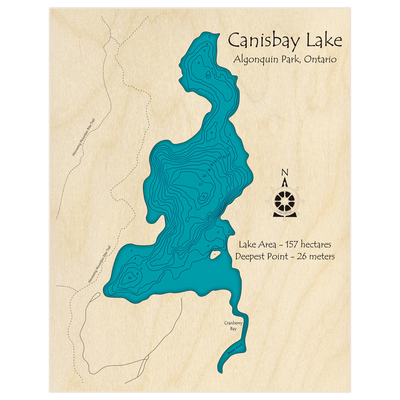 Bathymetric topo map of Canisbay Lake with roads, towns and depths noted in blue water
