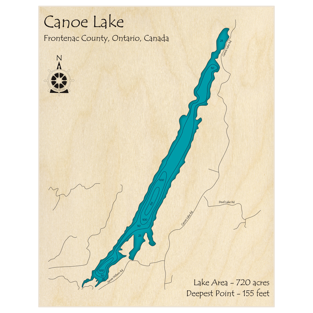 Bathymetric topo map of Canoe Lake with roads, towns and depths noted in blue water