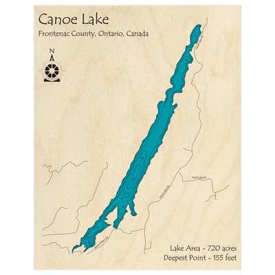 Bathymetric topo map of Canoe Lake with roads, towns and depths noted in blue water