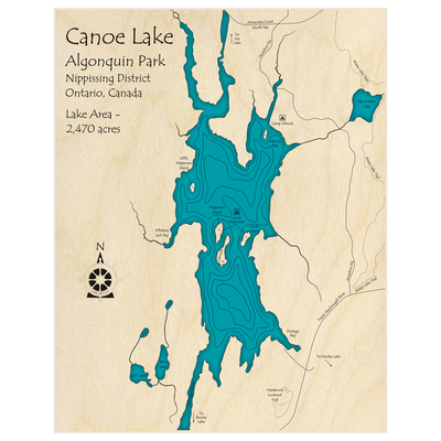 Bathymetric topo map of Canoe Lake (In Algonquin Park)  with roads, towns and depths noted in blue water