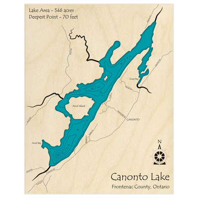 Bathymetric topo map of Canonto Lake with roads, towns and depths noted in blue water