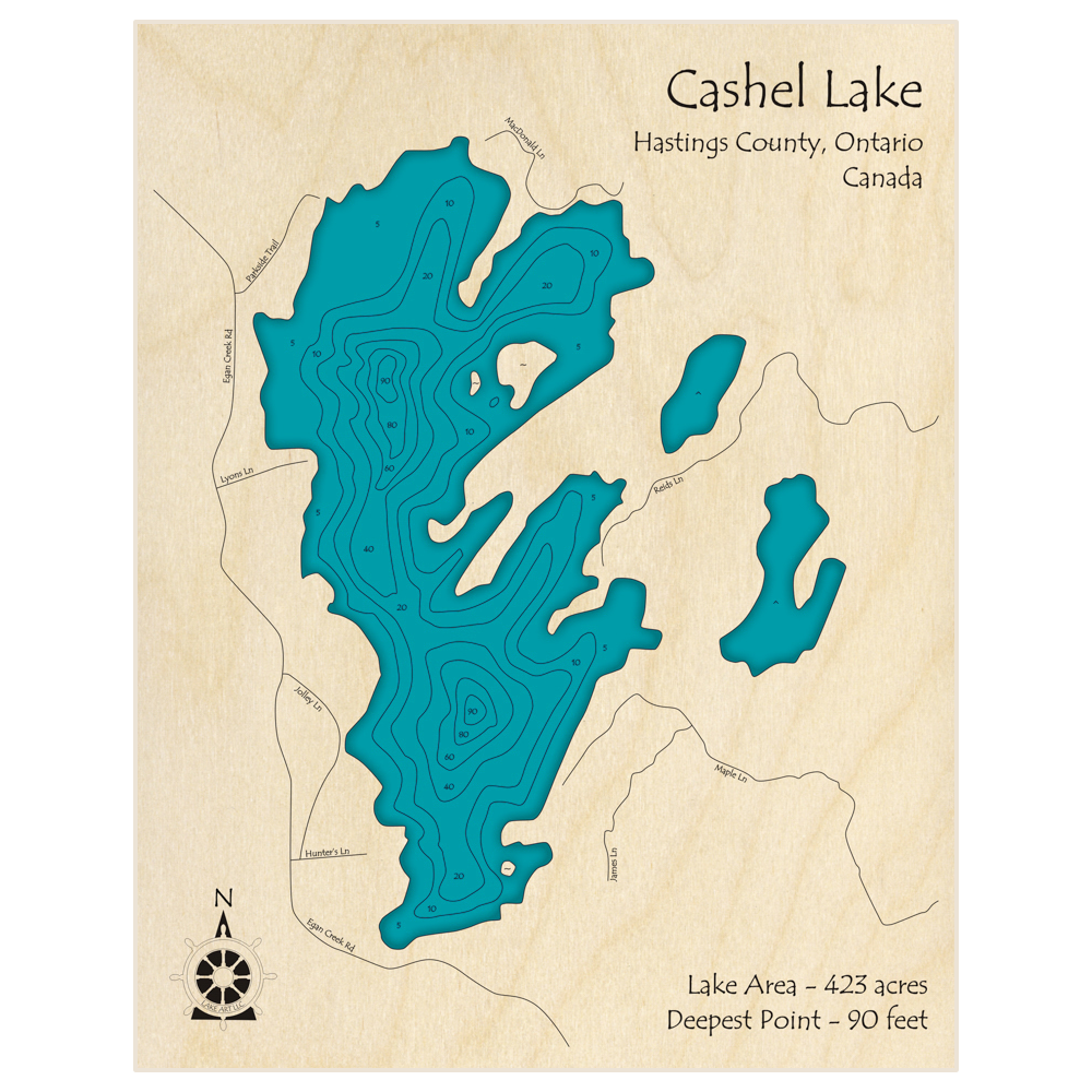 Bathymetric topo map of Cashel Lake with roads, towns and depths noted in blue water