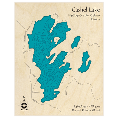 Bathymetric topo map of Cashel Lake with roads, towns and depths noted in blue water
