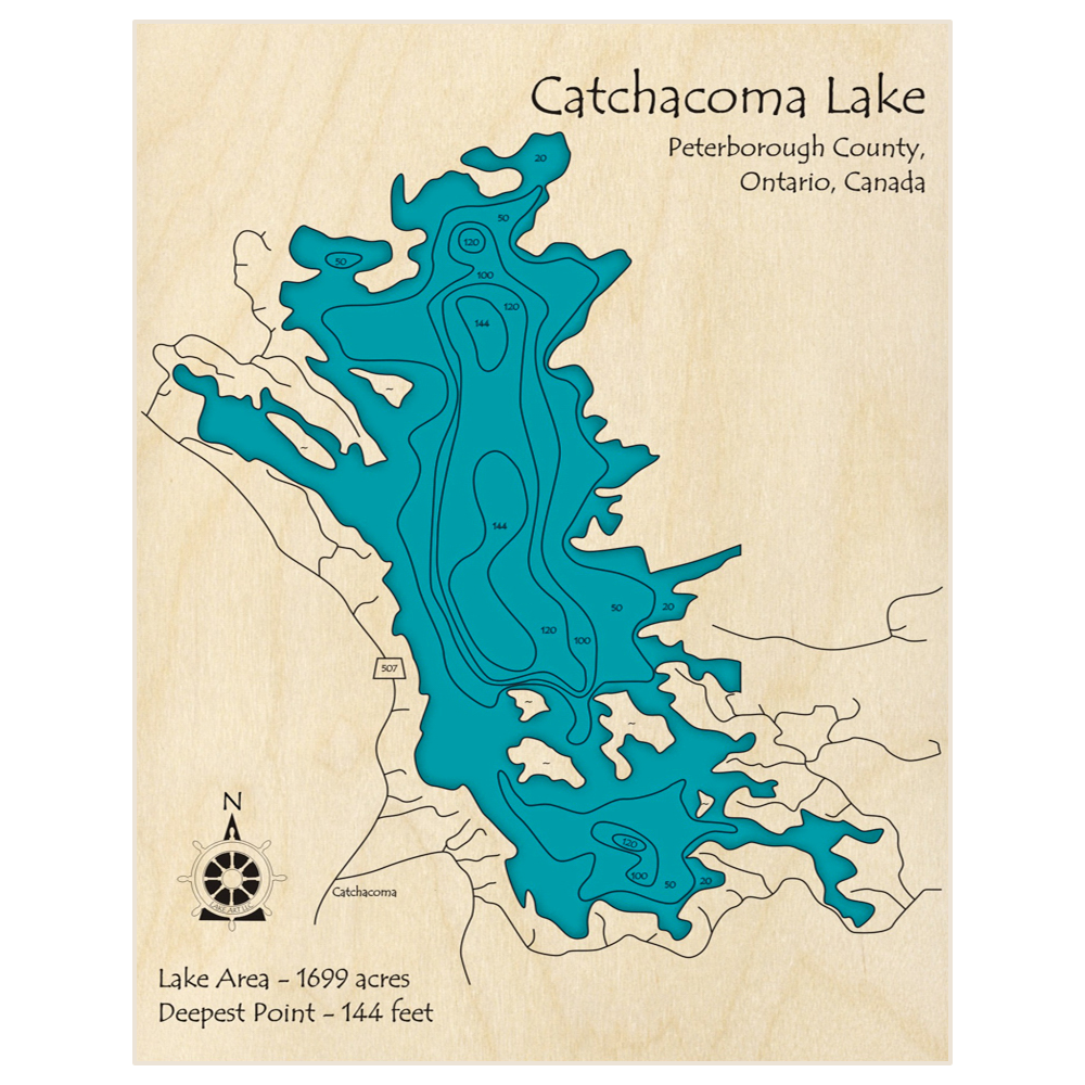 Bathymetric topo map of Catchacoma Lake with roads, towns and depths noted in blue water