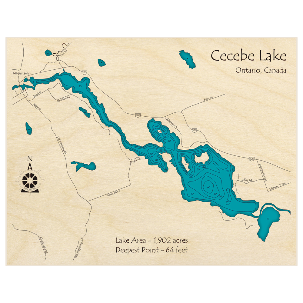 Bathymetric topo map of Cecebe Lake with roads, towns and depths noted in blue water