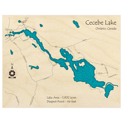 Bathymetric topo map of Cecebe Lake with roads, towns and depths noted in blue water