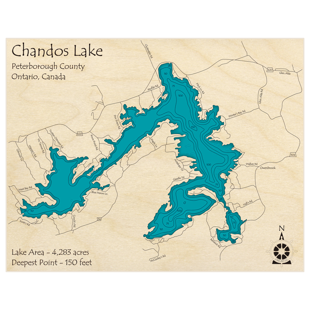 Bathymetric topo map of Chandos Lake with roads, towns and depths noted in blue water