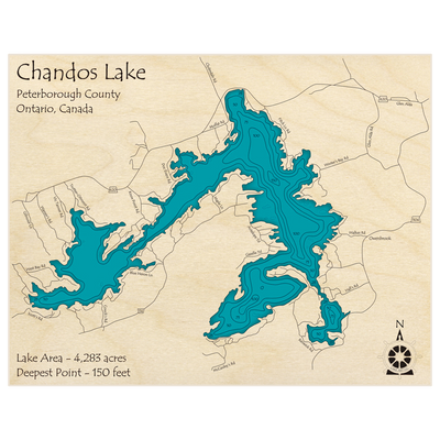Bathymetric topo map of Chandos Lake with roads, towns and depths noted in blue water