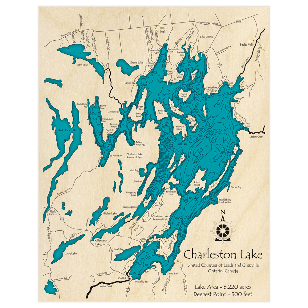 Bathymetric topo map of Charleston Lake with roads, towns and depths noted in blue water