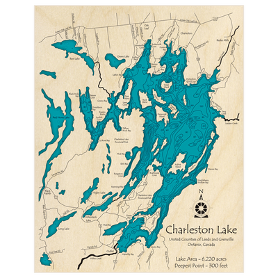 Bathymetric topo map of Charleston Lake with roads, towns and depths noted in blue water