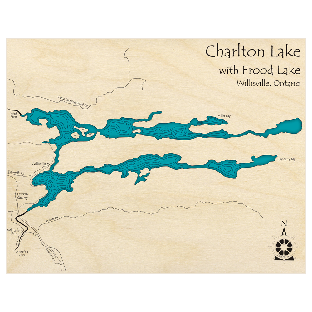 Bathymetric topo map of Charlton Lake with Frood Lake  with roads, towns and depths noted in blue water