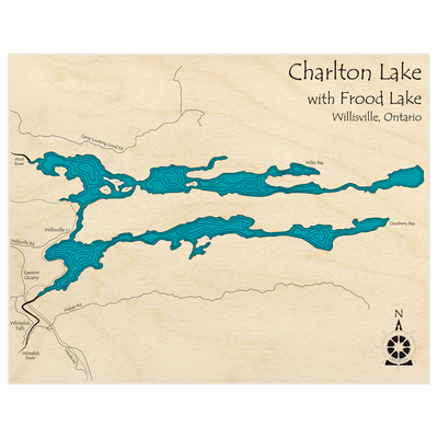 Bathymetric topo map of Charlton Lake with Frood Lake  with roads, towns and depths noted in blue water