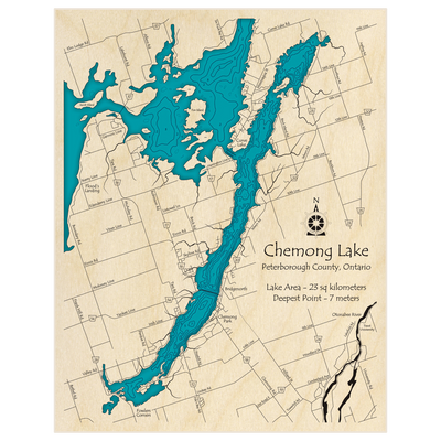 Bathymetric topo map of Chemong Lake with roads, towns and depths noted in blue water