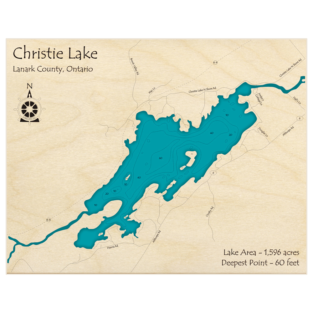 Bathymetric topo map of Christie Lake with roads, towns and depths noted in blue water
