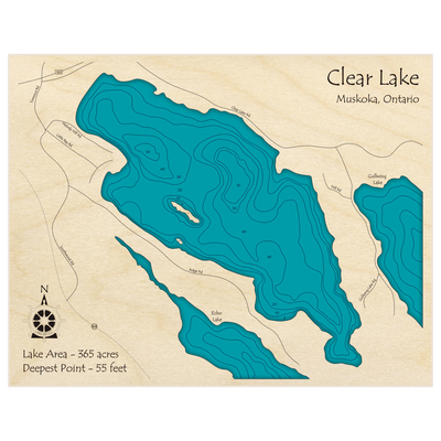 Bathymetric topo map of Clear Lake with roads, towns and depths noted in blue water