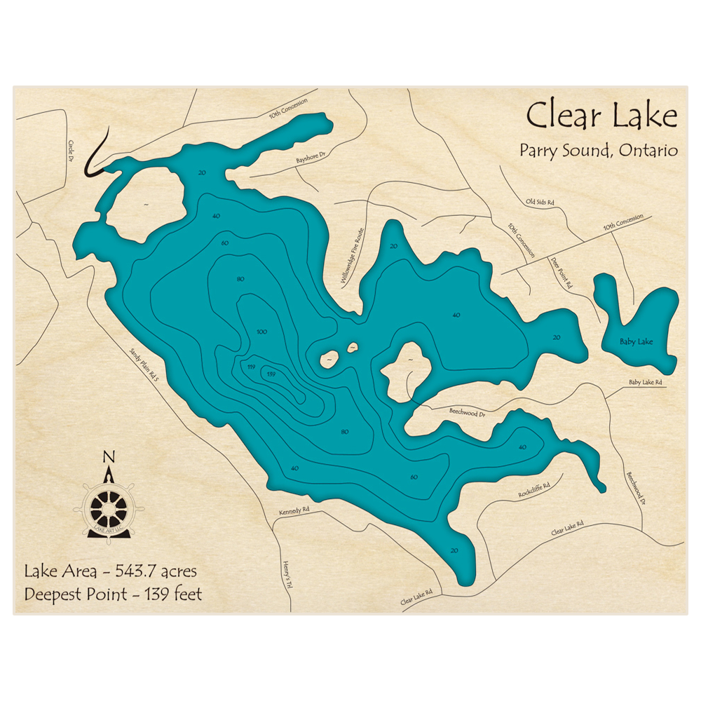 Bathymetric topo map of Clear Lake with roads, towns and depths noted in blue water