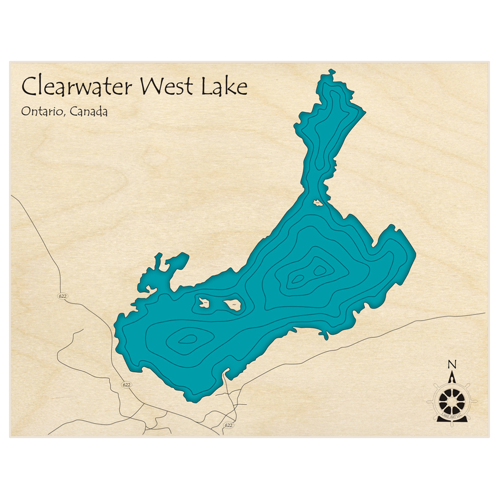 Bathymetric topo map of Clearwater Lake (West)  with roads, towns and depths noted in blue water