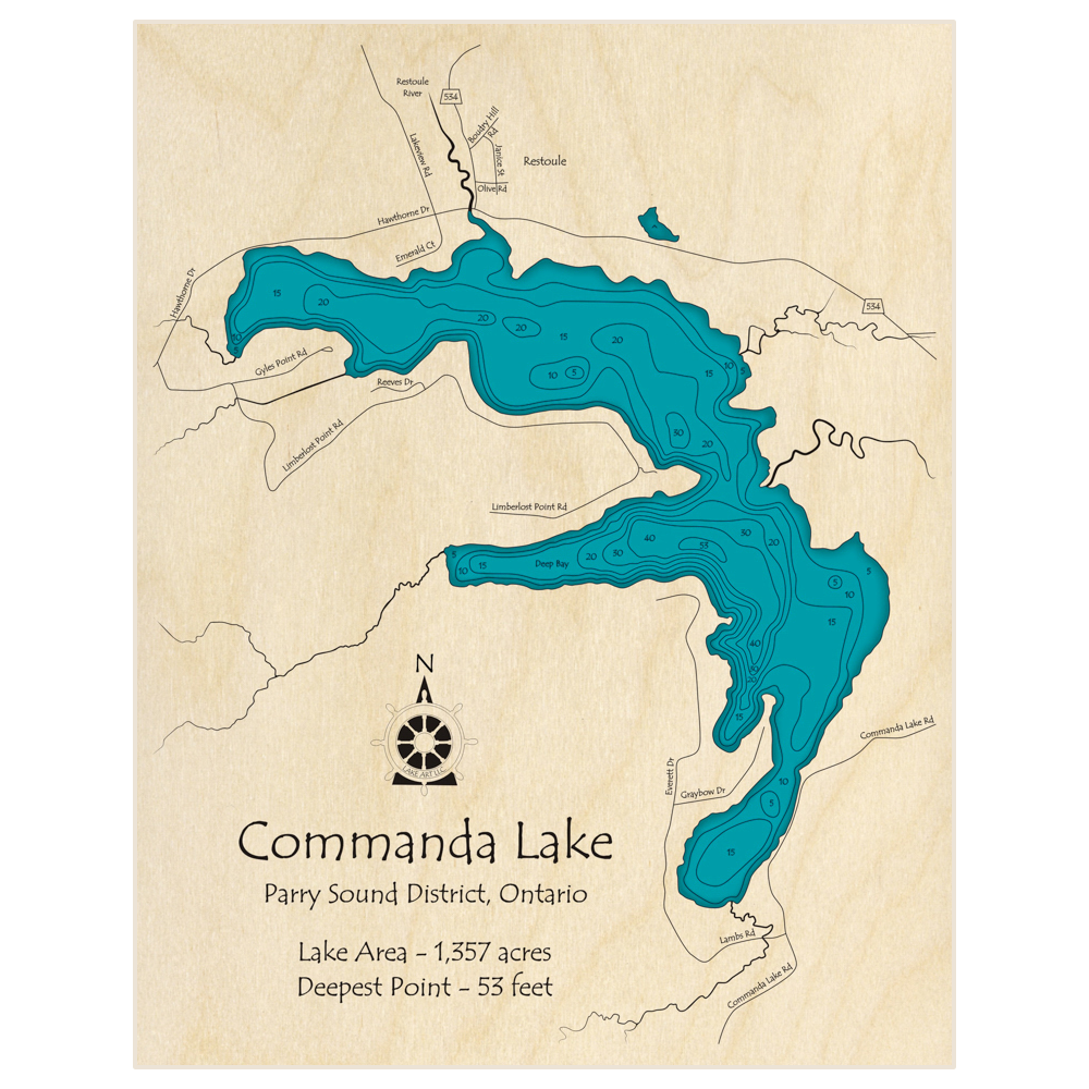 Bathymetric topo map of Commanda Lake with roads, towns and depths noted in blue water