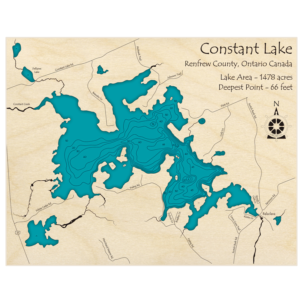 Bathymetric topo map of Constant Lake with roads, towns and depths noted in blue water
