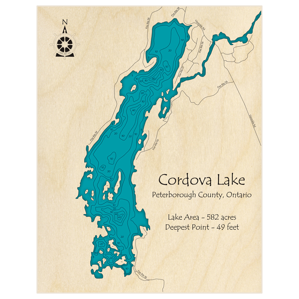 Bathymetric topo map of Cordova Lake with roads, towns and depths noted in blue water
