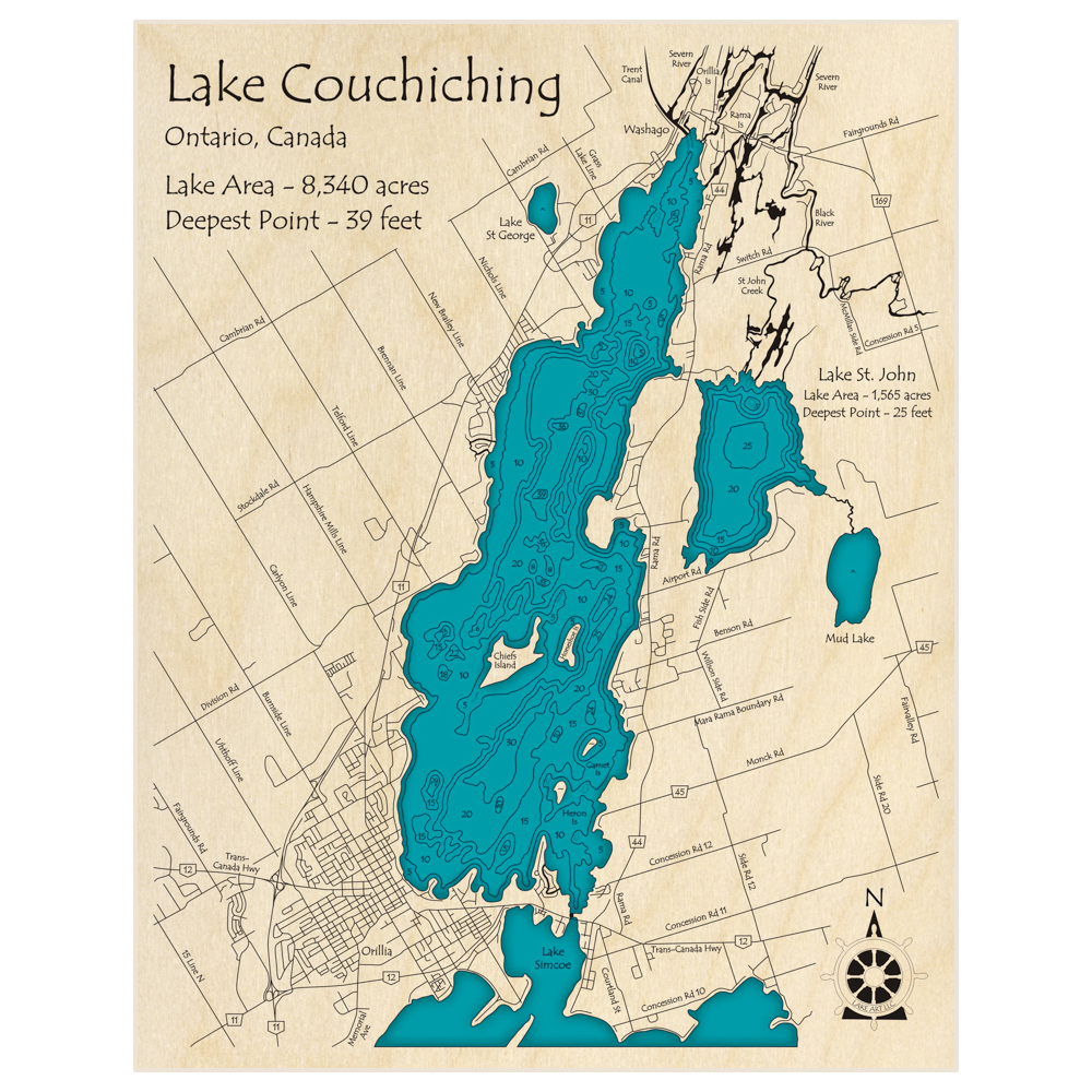Bathymetric topo map of Lake Couchiching with roads, towns and depths noted in blue water