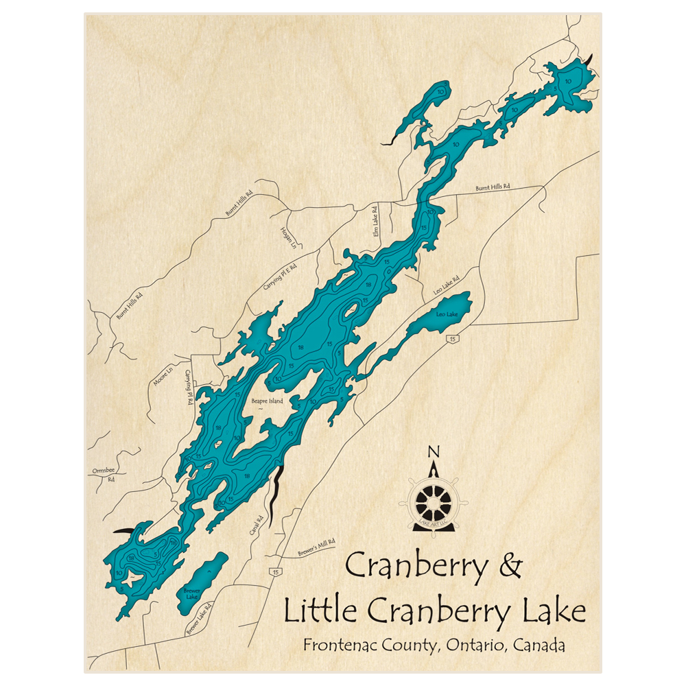 Bathymetric topo map of Cranberry Lake with Little Cranberry Lake with roads, towns and depths noted in blue water