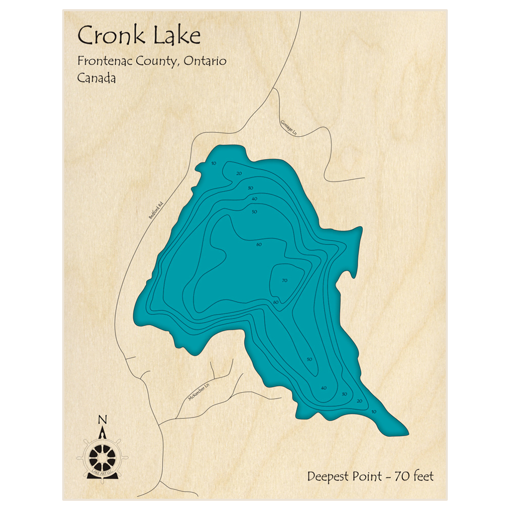 Bathymetric topo map of Cronk Lake with roads, towns and depths noted in blue water