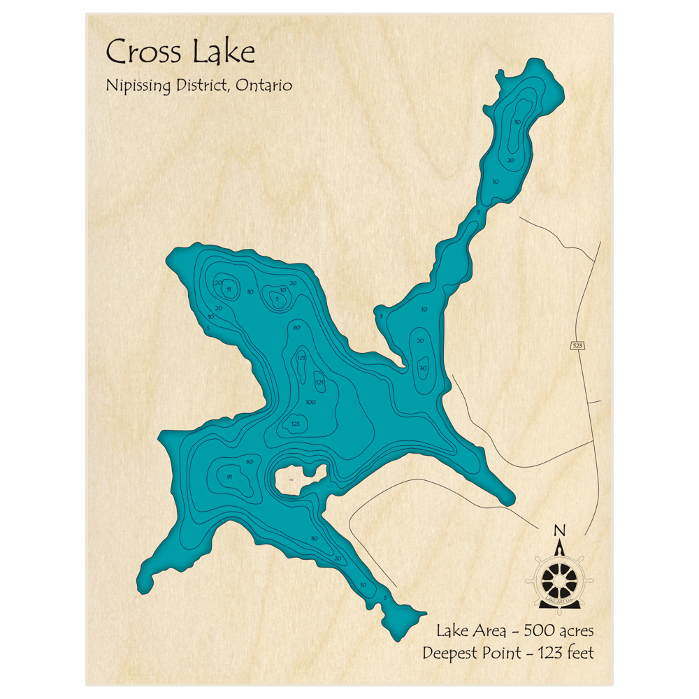 Bathymetric topo map of Cross Lake with roads, towns and depths noted in blue water