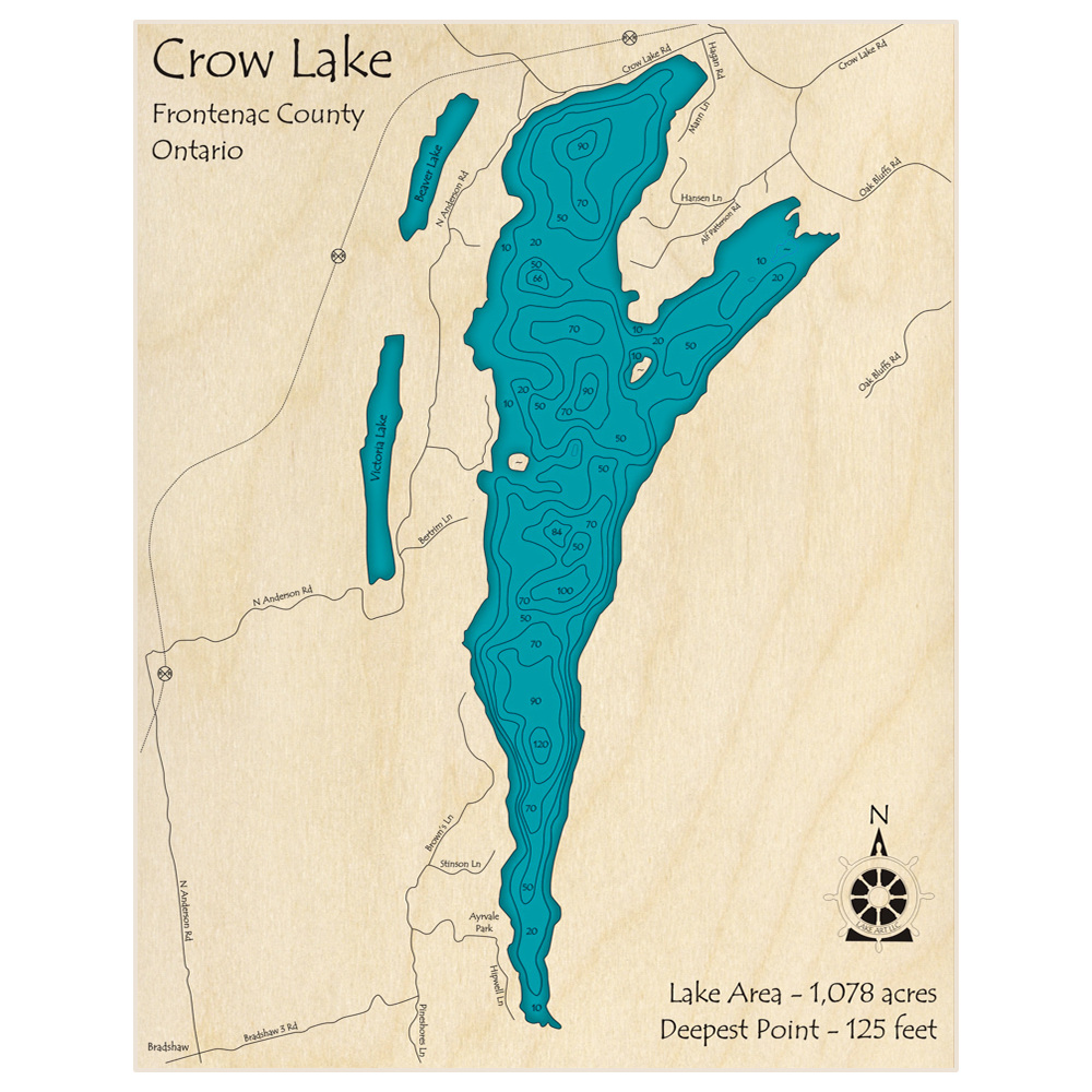 Bathymetric topo map of Crow Lake with roads, towns and depths noted in blue water