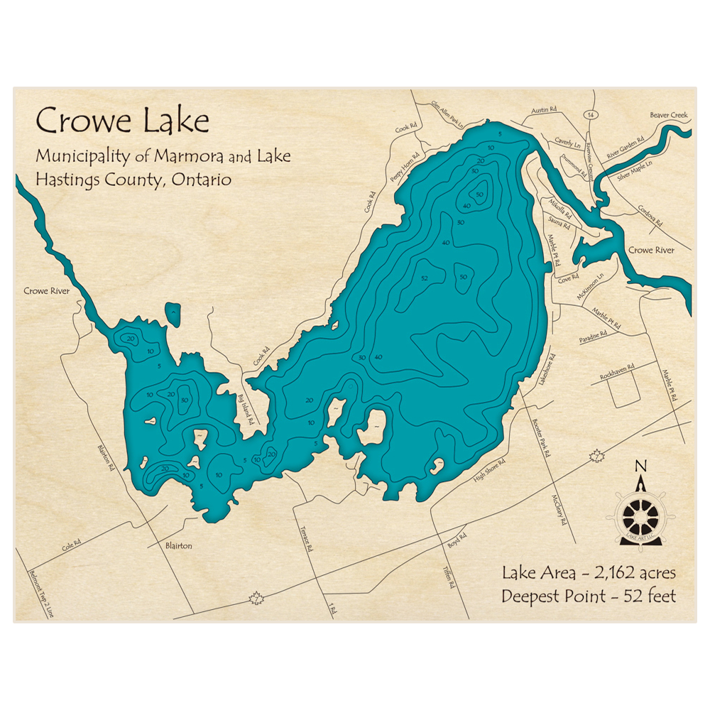 Bathymetric topo map of Crowe Lake with roads, towns and depths noted in blue water