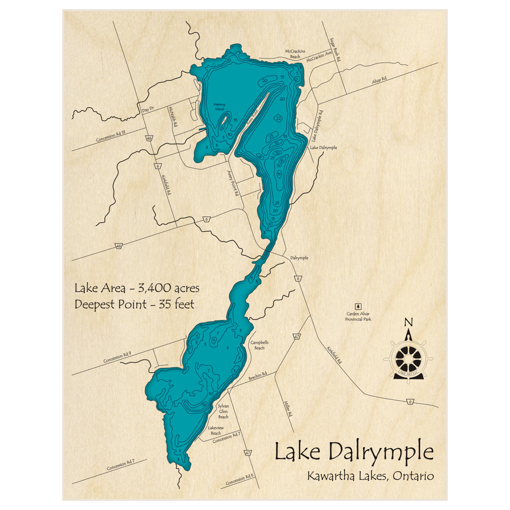Bathymetric topo map of Lake Dalrymple with roads, towns and depths noted in blue water
