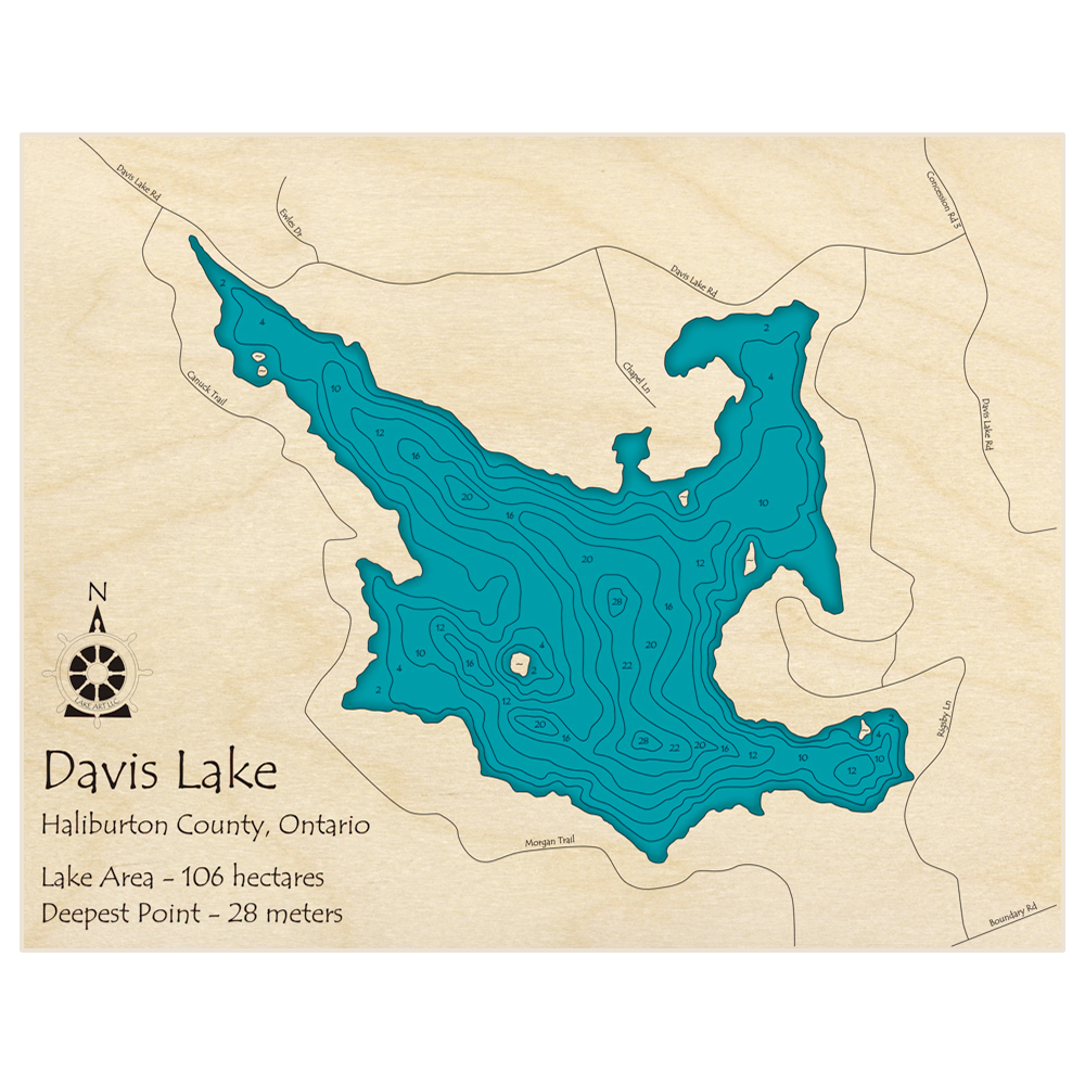 Bathymetric topo map of Davis Lake with roads, towns and depths noted in blue water