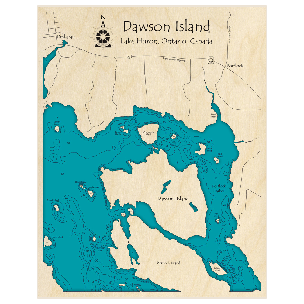 Bathymetric topo map of Dawson Island with roads, towns and depths noted in blue water
