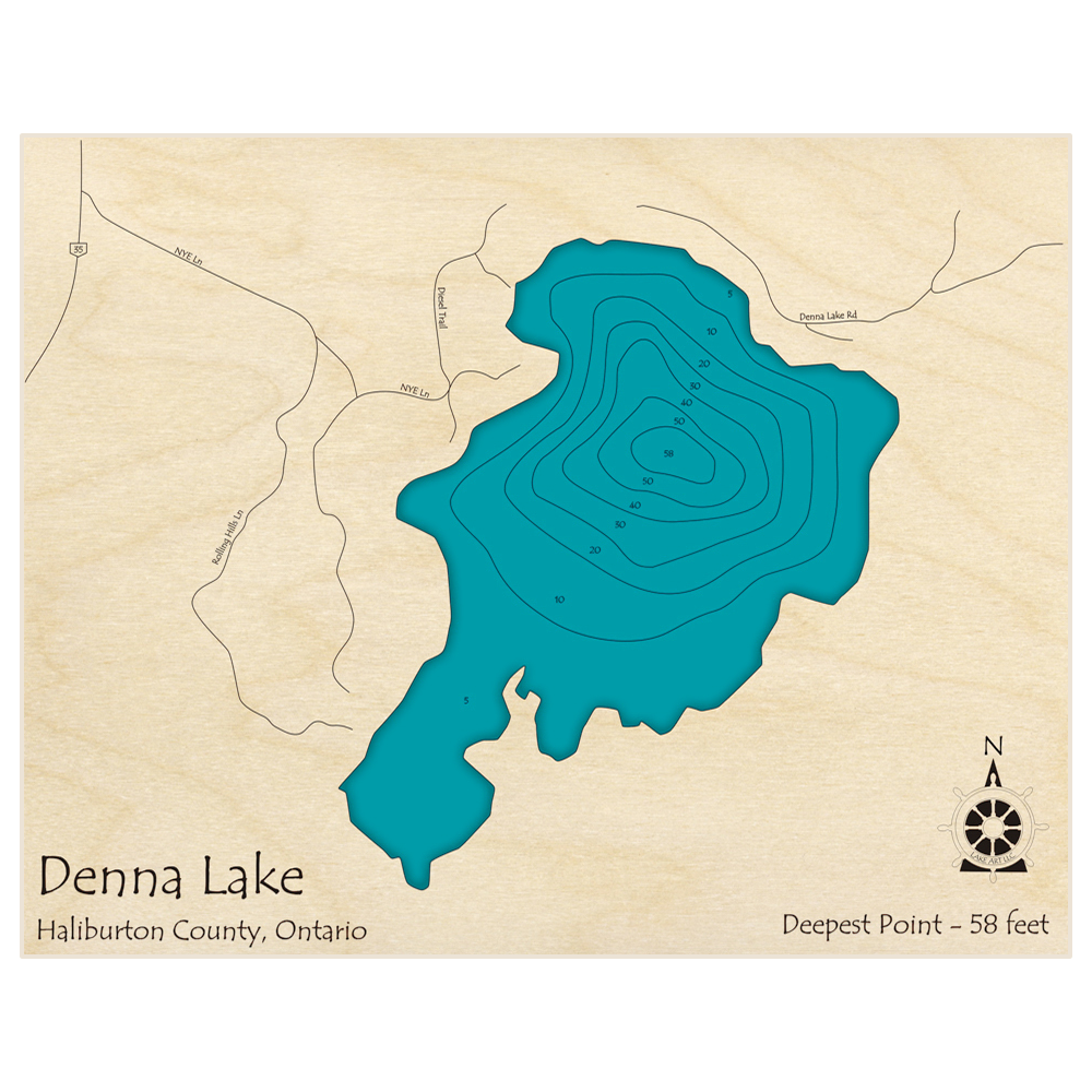 Bathymetric topo map of Denna Lake with roads, towns and depths noted in blue water