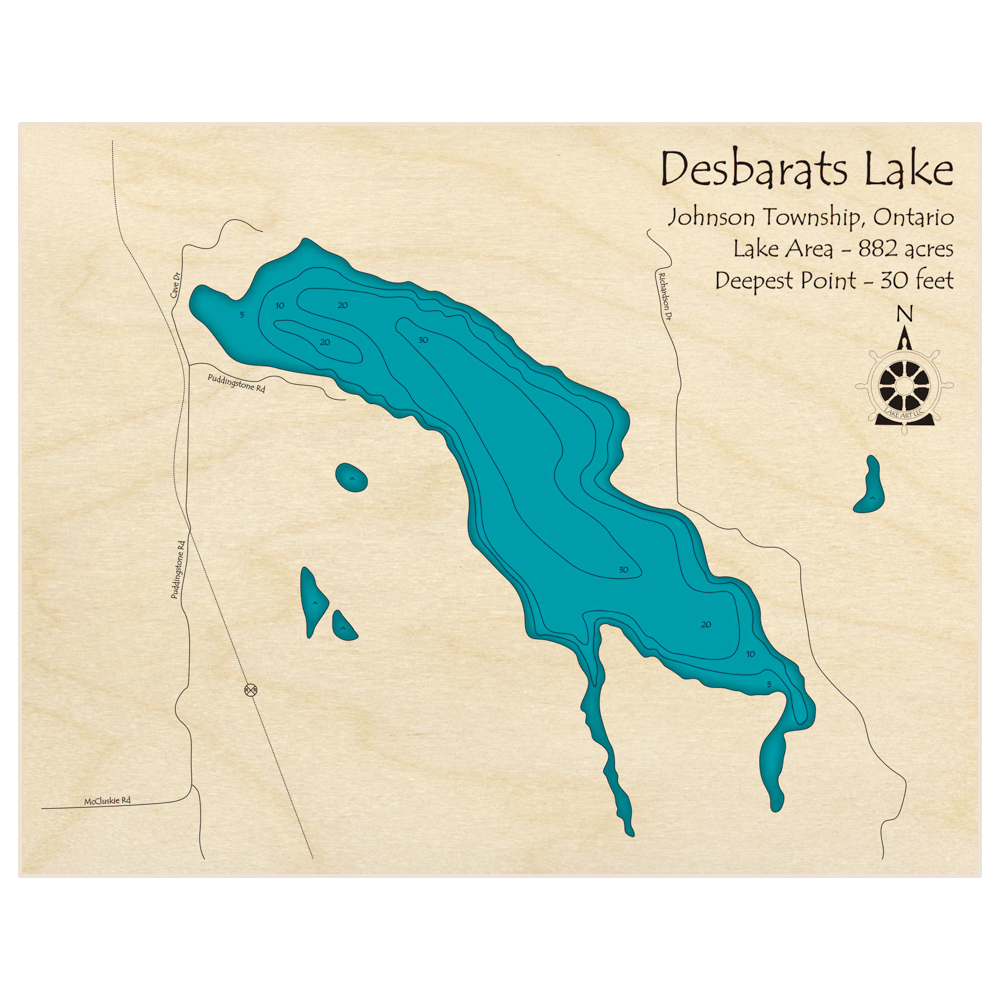 Bathymetric topo map of Desbarats Lake with roads, towns and depths noted in blue water