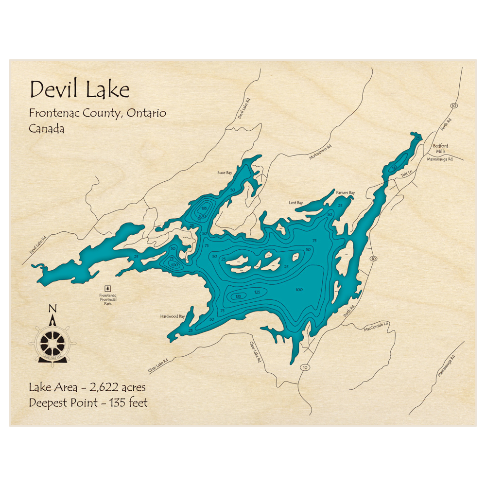 Bathymetric topo map of Devil Lake with roads, towns and depths noted in blue water