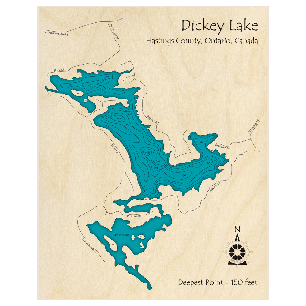 Bathymetric topo map of Dickey Lake with roads, towns and depths noted in blue water