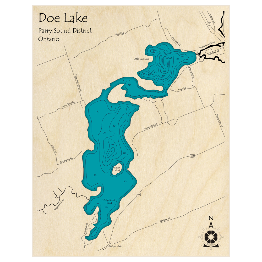 Bathymetric topo map of Doe Lake with roads, towns and depths noted in blue water