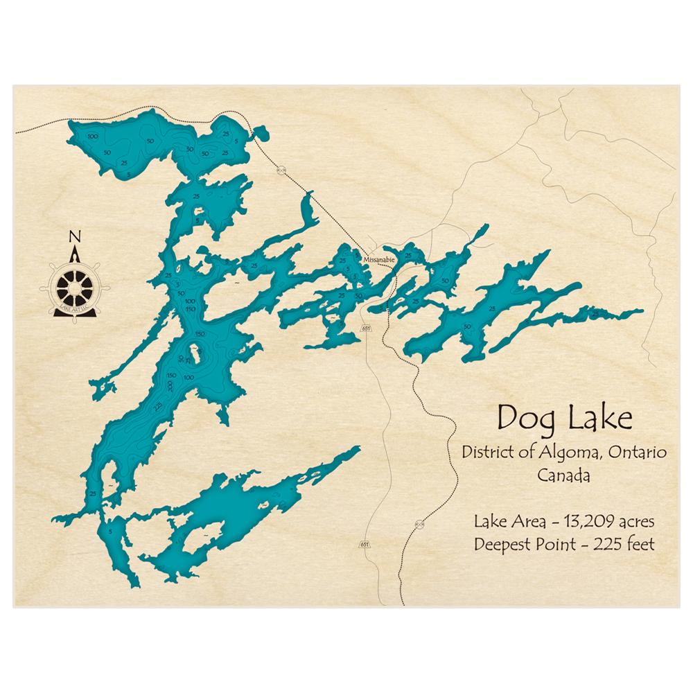 Bathymetric topo map of Dog Lake with roads, towns and depths noted in blue water