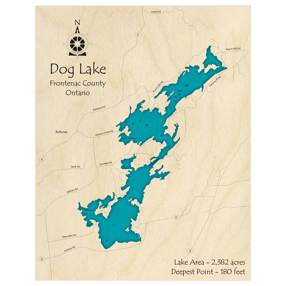 Bathymetric topo map of Dog Lake with roads, towns and depths noted in blue water