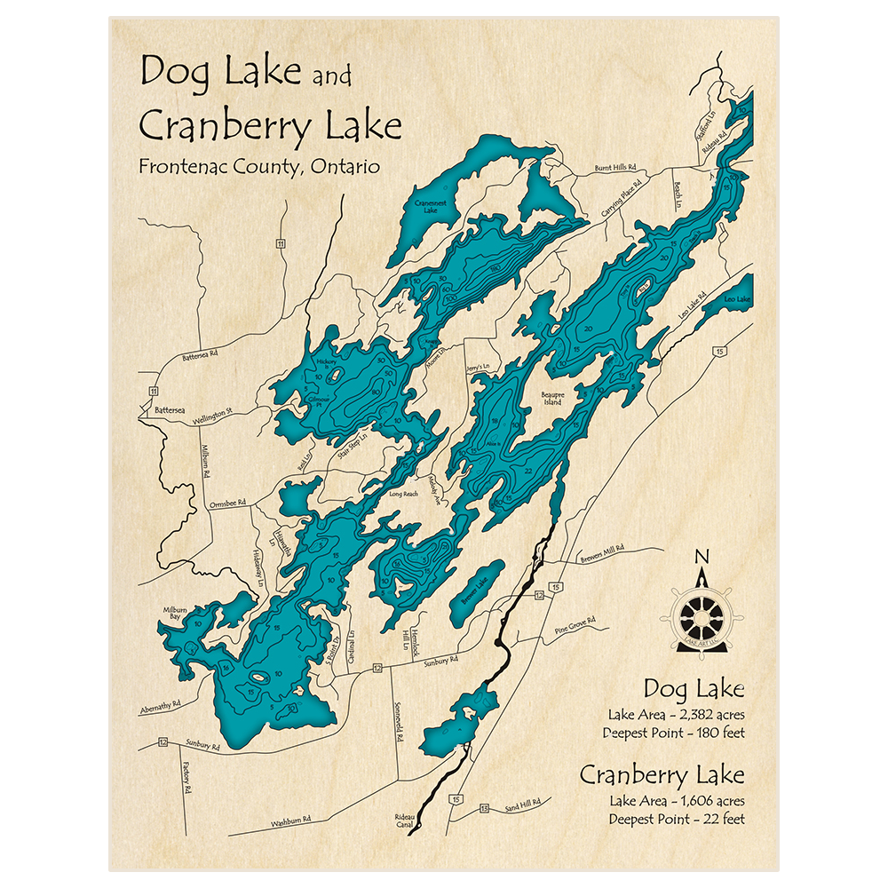 Bathymetric topo map of Dog Lake and Cranberry Lake with roads, towns and depths noted in blue water