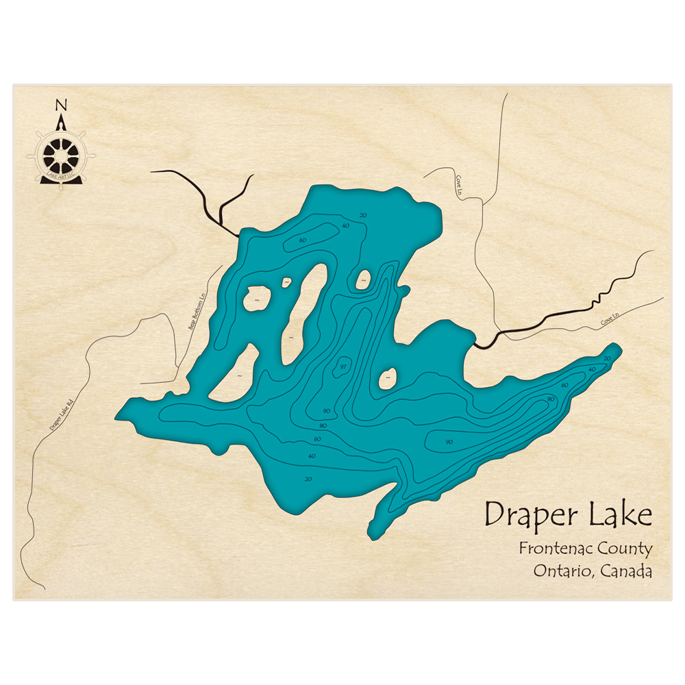 Bathymetric topo map of Draper Lake with roads, towns and depths noted in blue water