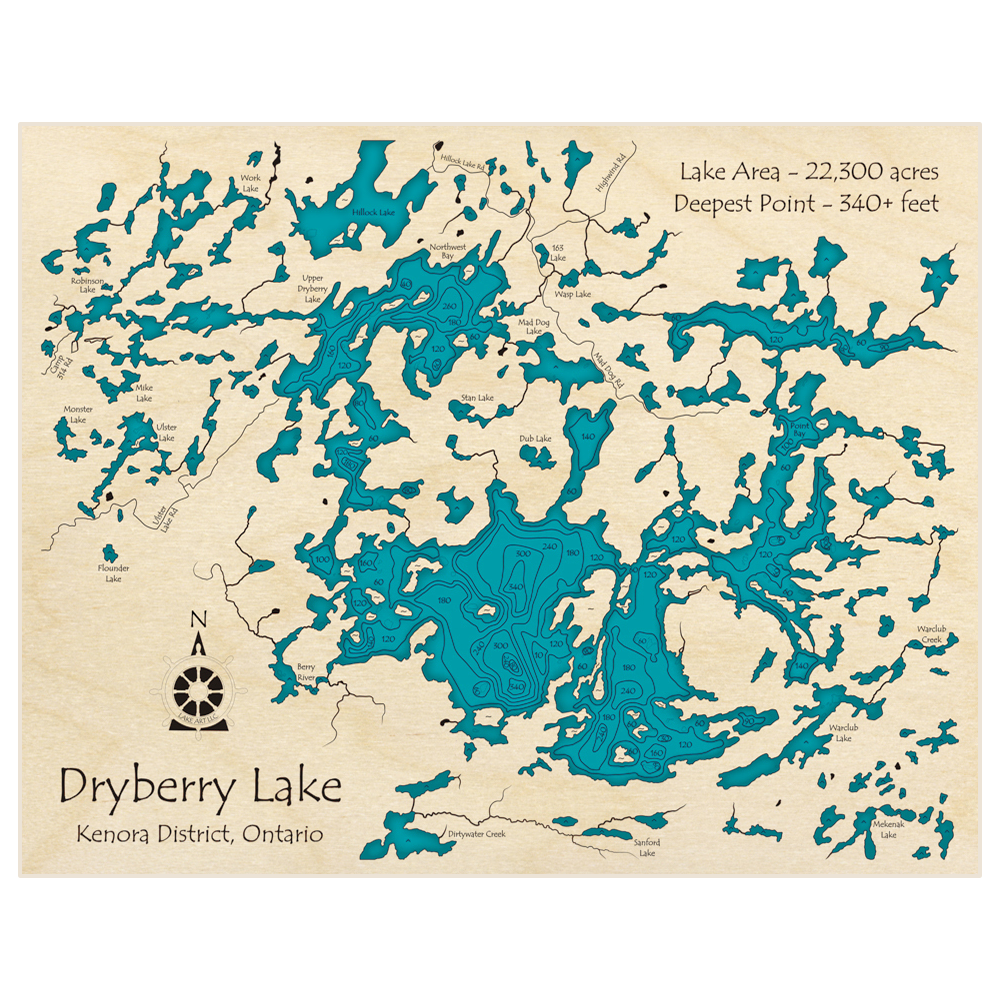 Bathymetric topo map of Dryberry Lake with roads, towns and depths noted in blue water