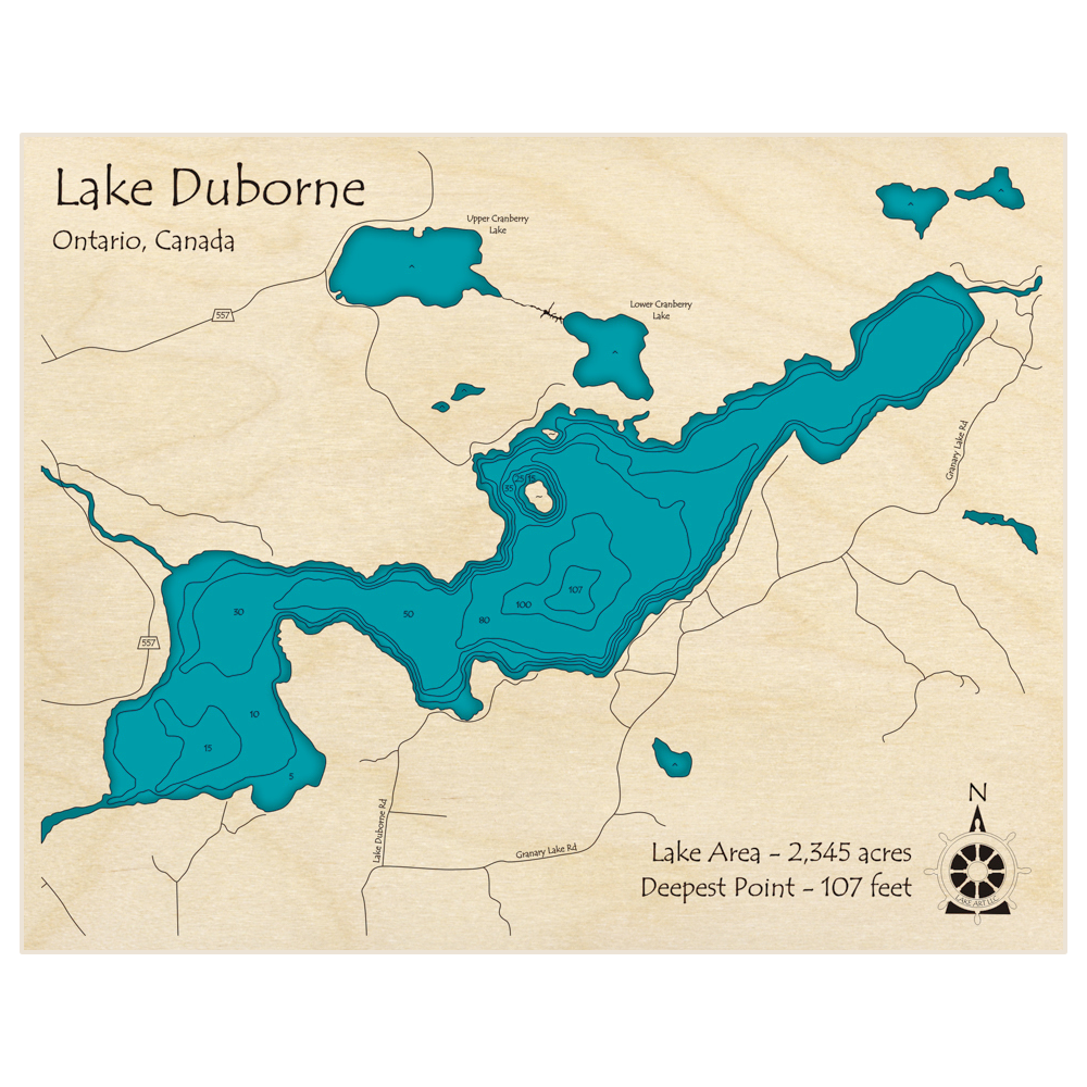 Bathymetric topo map of Lake Duborne with roads, towns and depths noted in blue water