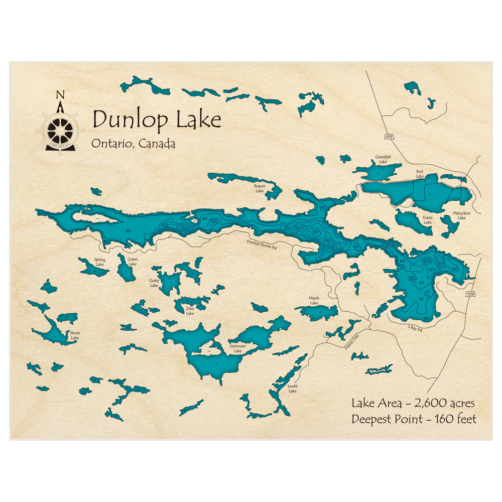 Bathymetric topo map of Dunlop Lake with roads, towns and depths noted in blue water