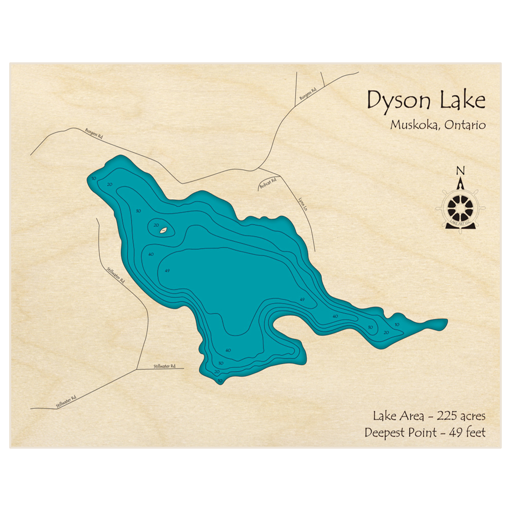 Bathymetric topo map of Dyson Lake with roads, towns and depths noted in blue water