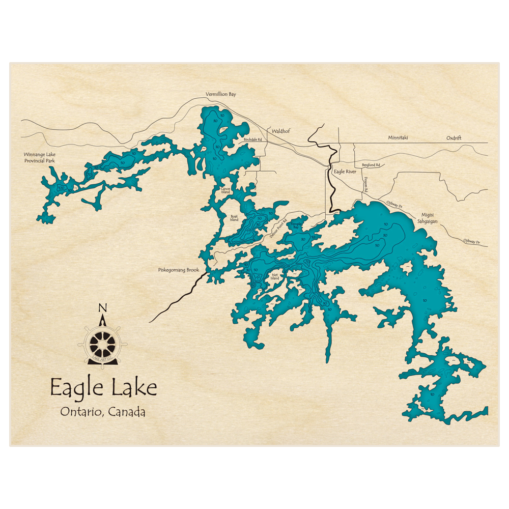 Bathymetric topo map of Eagle Lake (Near Dryden and Eagle River) with roads, towns and depths noted in blue water