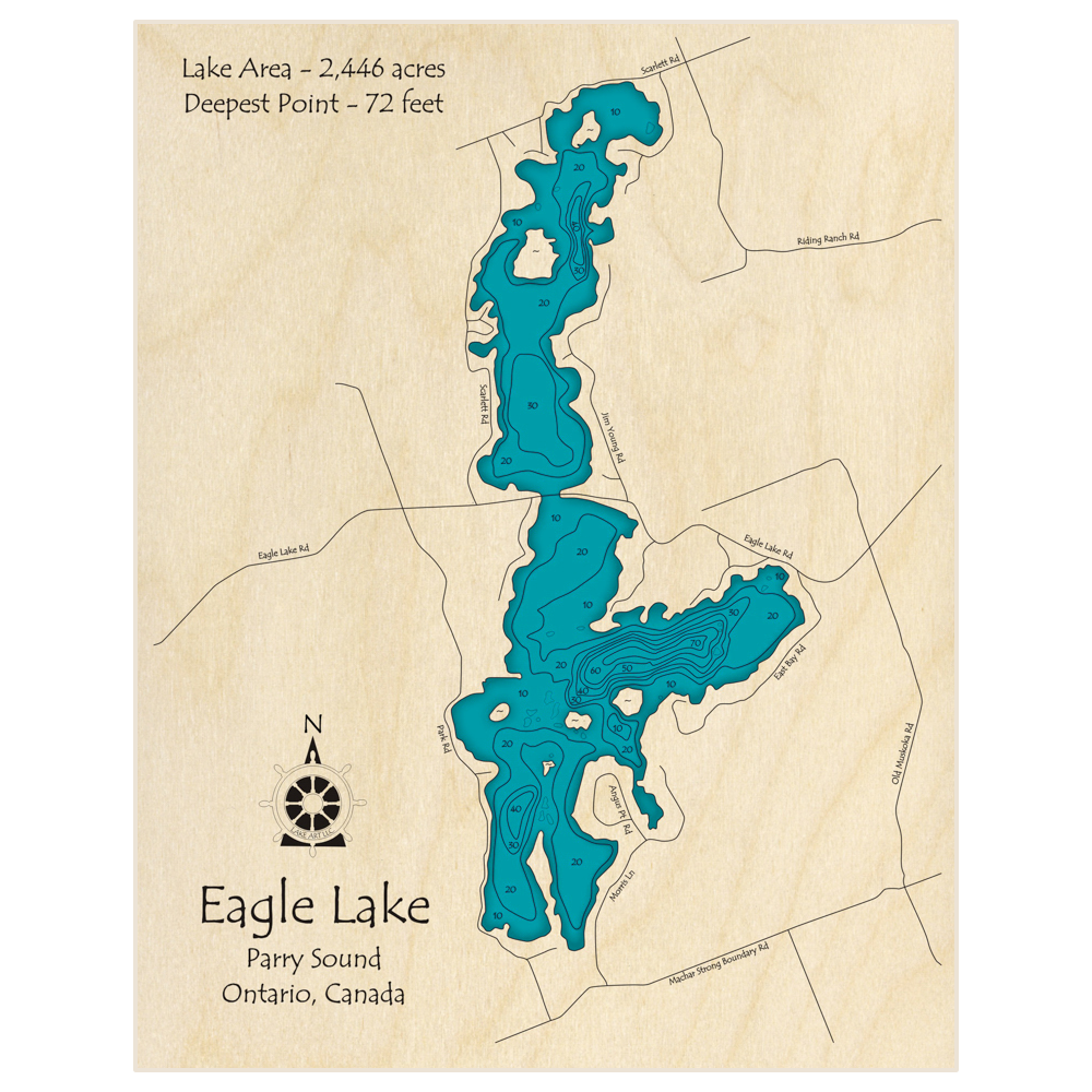 Bathymetric topo map of Eagle Lake with roads, towns and depths noted in blue water