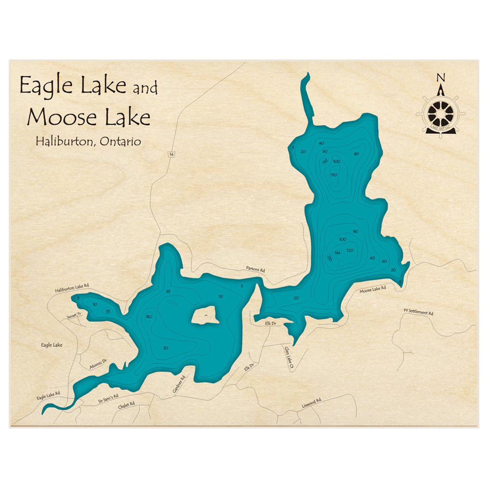 Bathymetric topo map of Eagle Lake and Moose Lake with roads, towns and depths noted in blue water